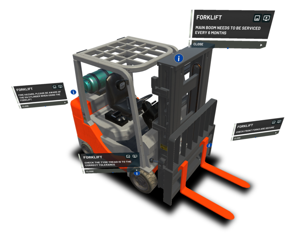 virtual reality forklift with FLOW for unity guided learning information points