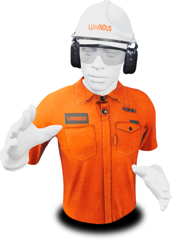 luminous vr character with a luminous hardhat mixed reality headset and an orange shirt