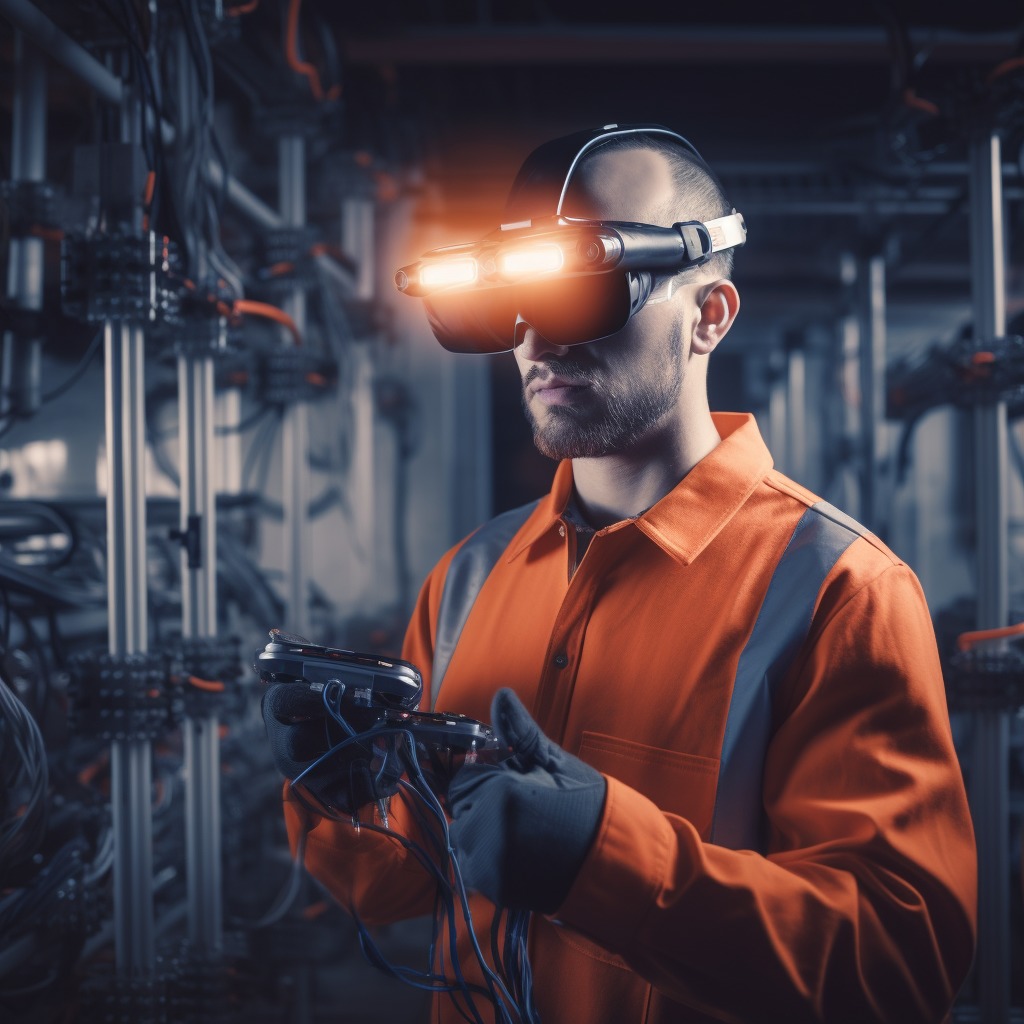 Man in orange overalls wearing a VR headset.