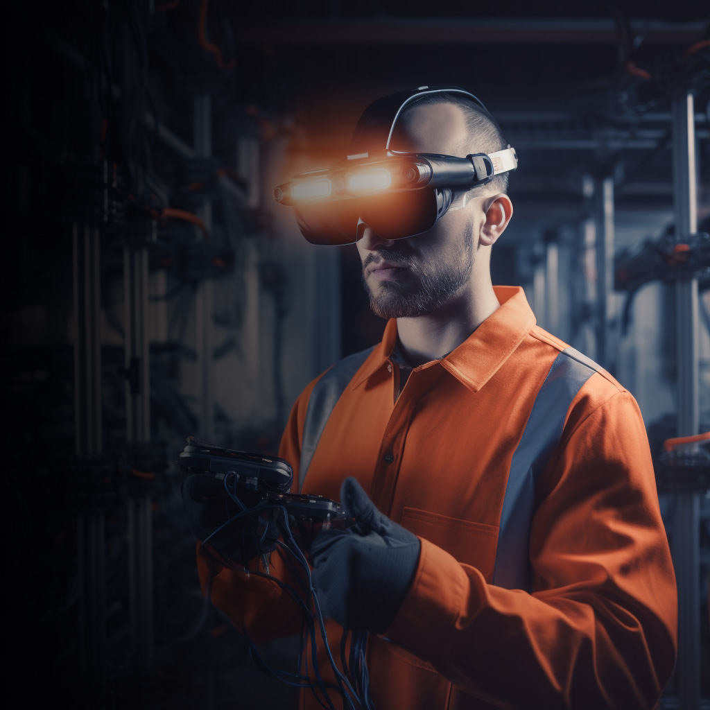 Man in orange overalls using immersive training with virtual reality.