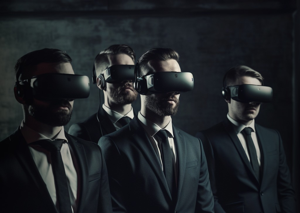Group of businessmen wearing VR headsets.