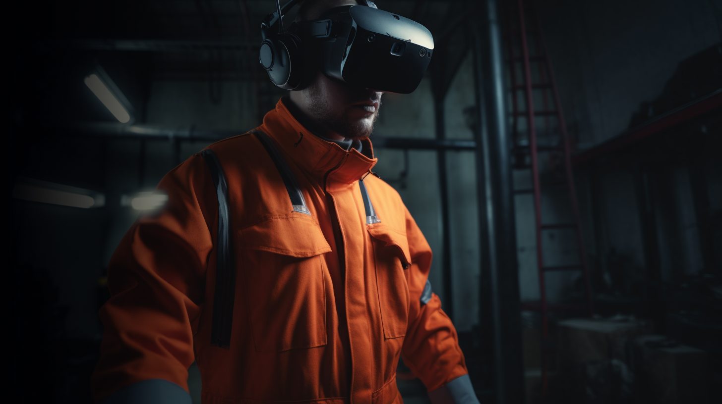 Man in orange overalls wearing a VR headset.