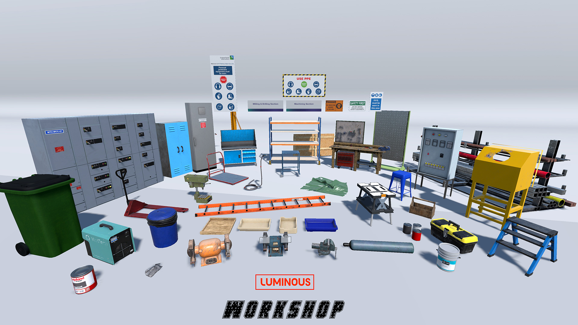luminous virtual reality 3d assets for a workshop environment