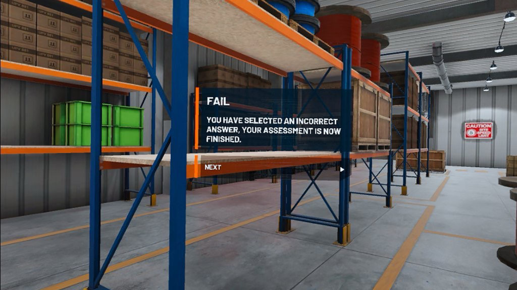 fail pop up screen where a vr trainee is being told that they have failed the assessment in a virtual reality warehouse environment