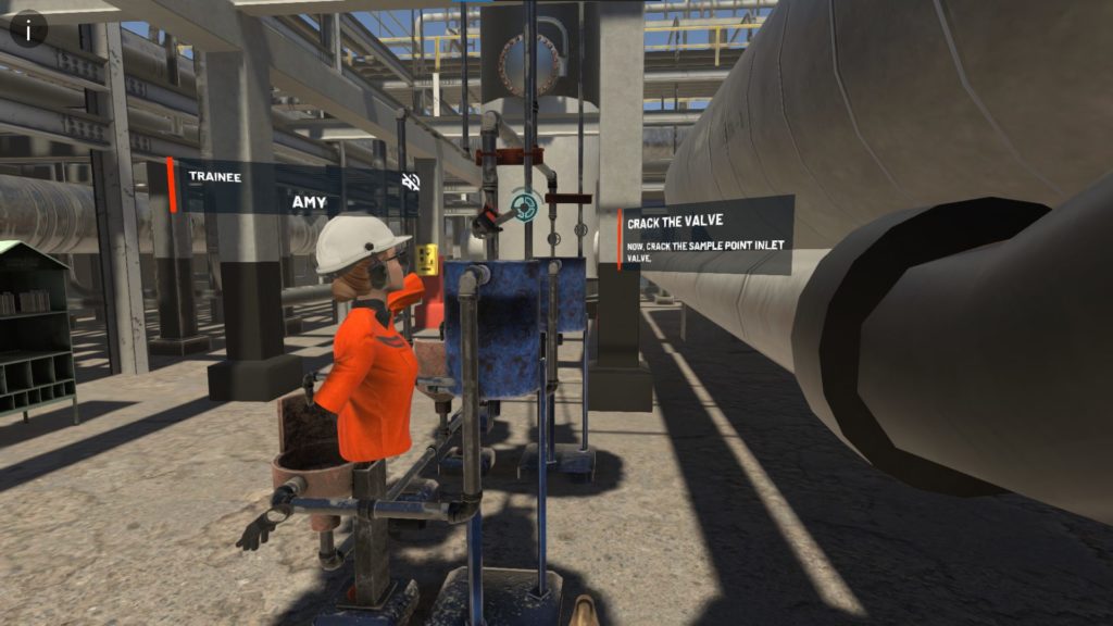 vr female character experiencing guided learning in an industrial work environment
