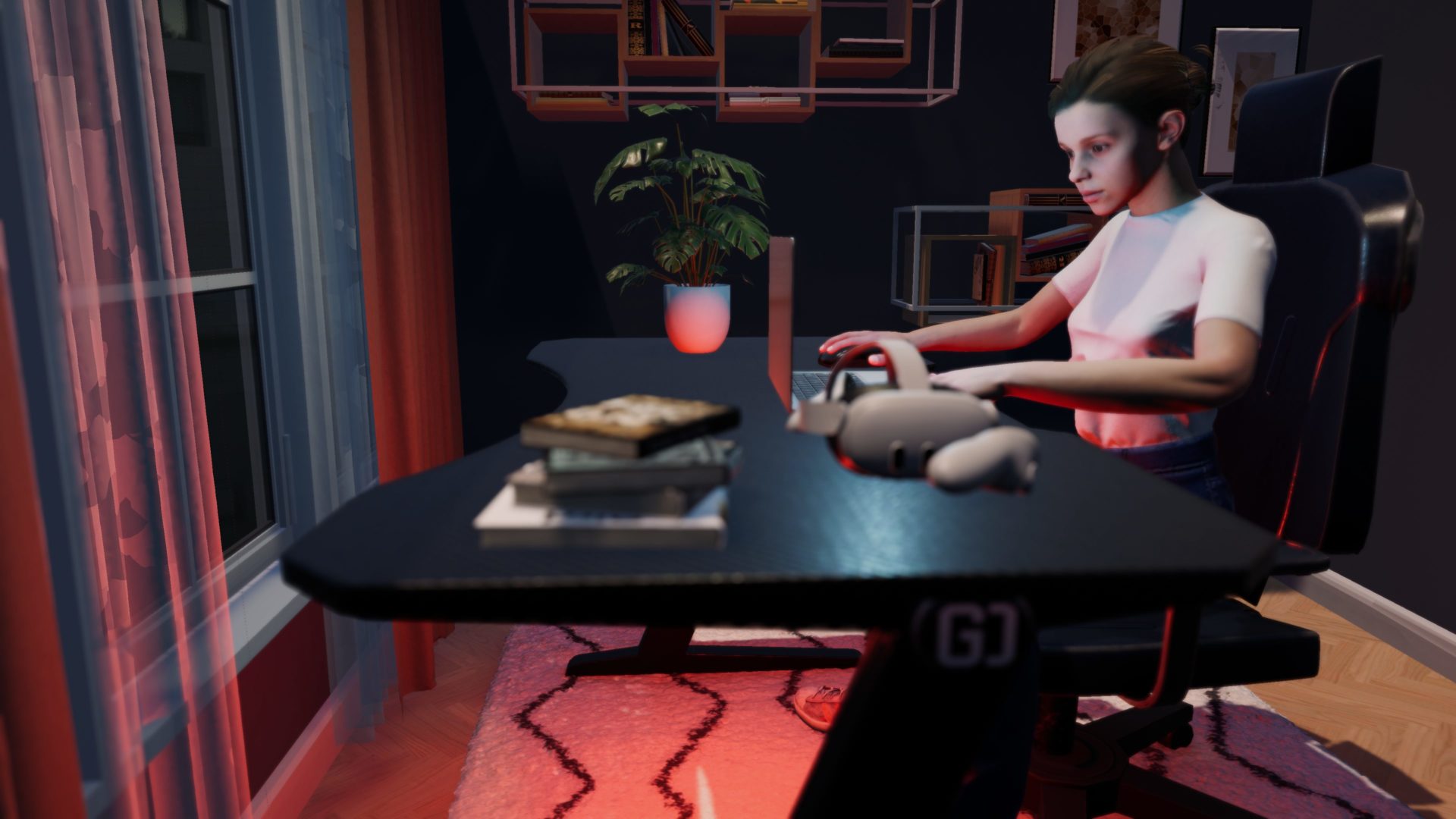 virtual reality female character sat at desk in home office