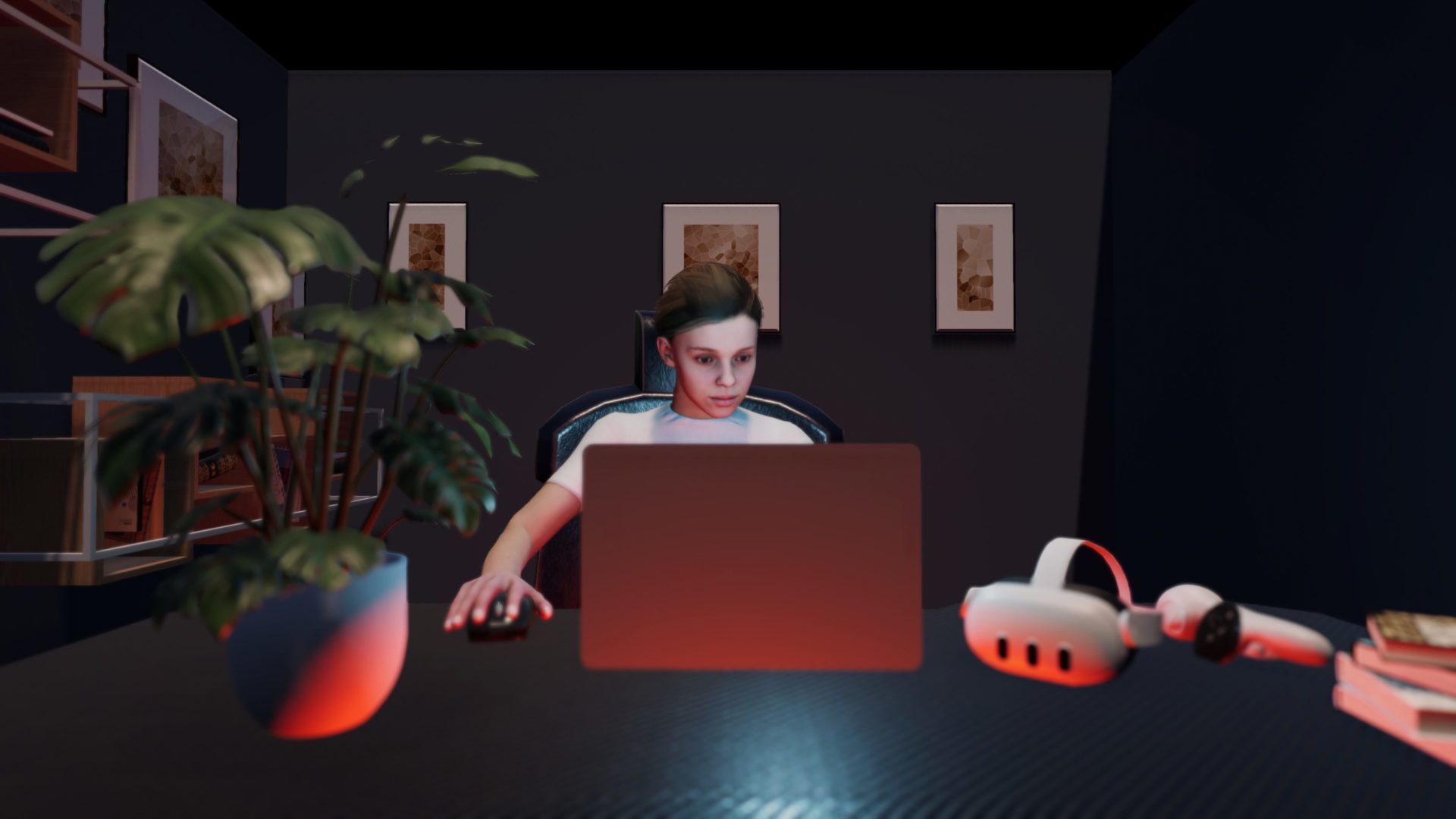 virtual reality female creator sat at laptop surrounded by vr headsets in a small office environment