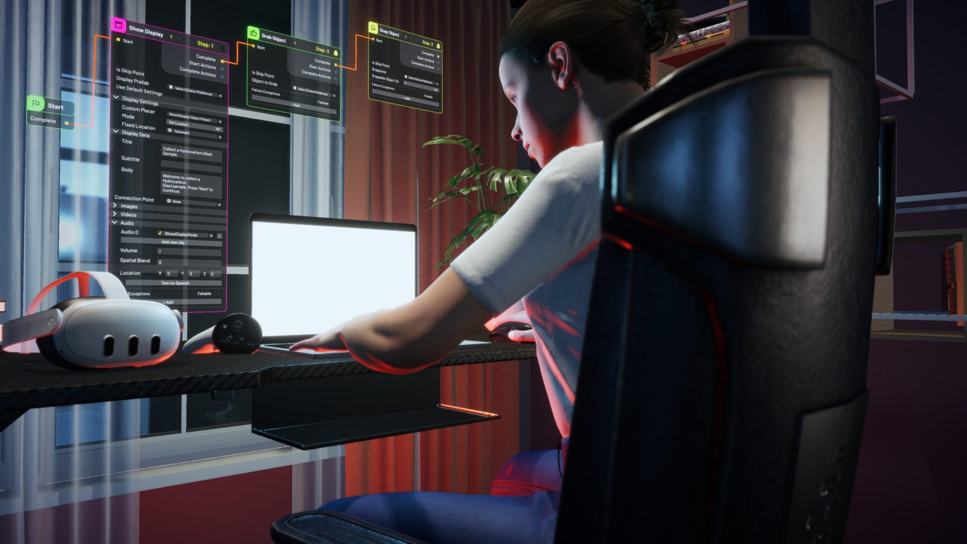 male virtual reality character sat at desk creating content with flow for unity