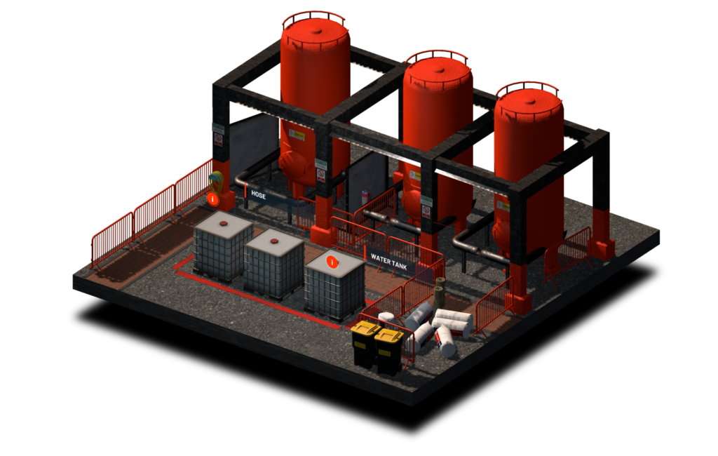 virtual reality diorama of factory and water tank