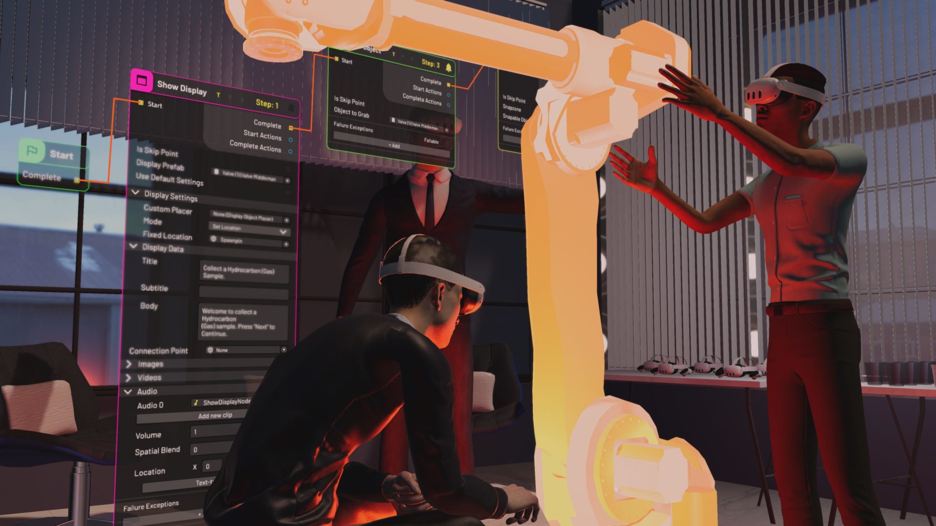 close up view of virtual reality character assessing piece of virtual machinery created using flow for unity