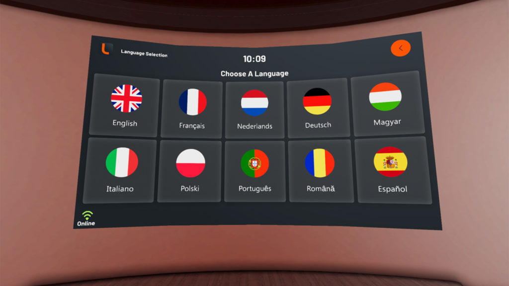 VR pop up screen showcasing the multiple languages supported in the luminous learning management system