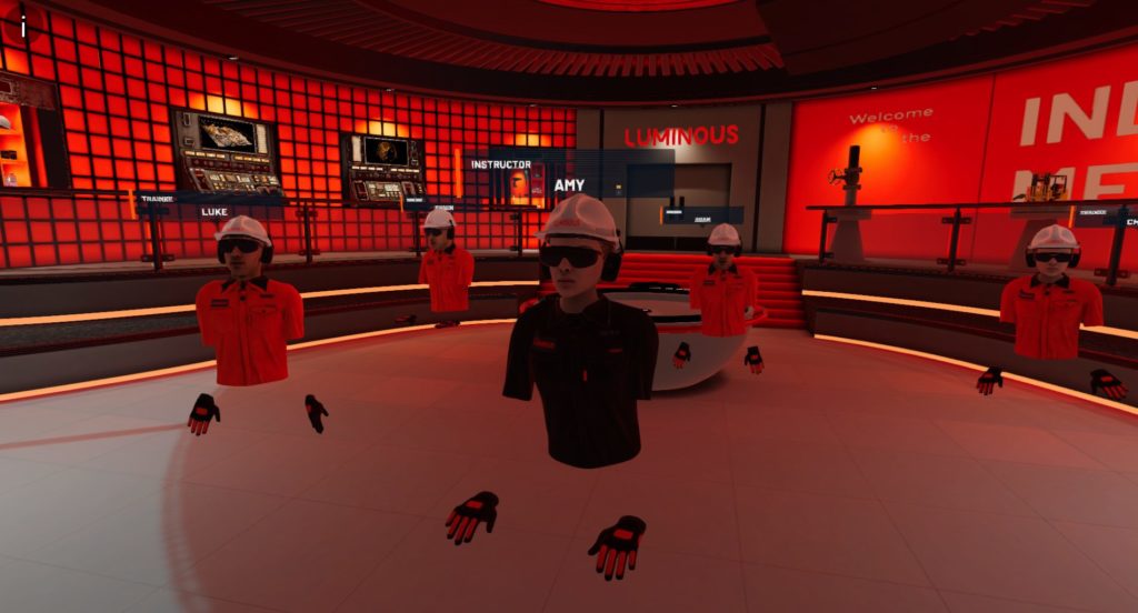 multiple virtual reality trainees in the luminous lobby ready to enter a training module