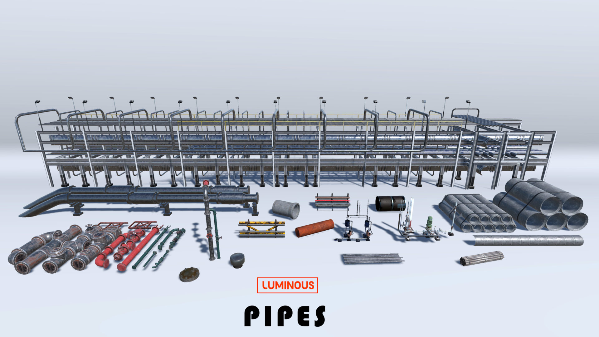luminous virtual reality 3d assets for industrial pipes