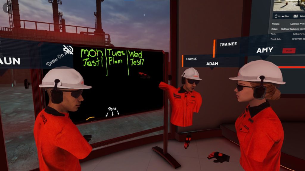 multiple virtual reality users interacting and writing on a whiteboard in the luminous lobby