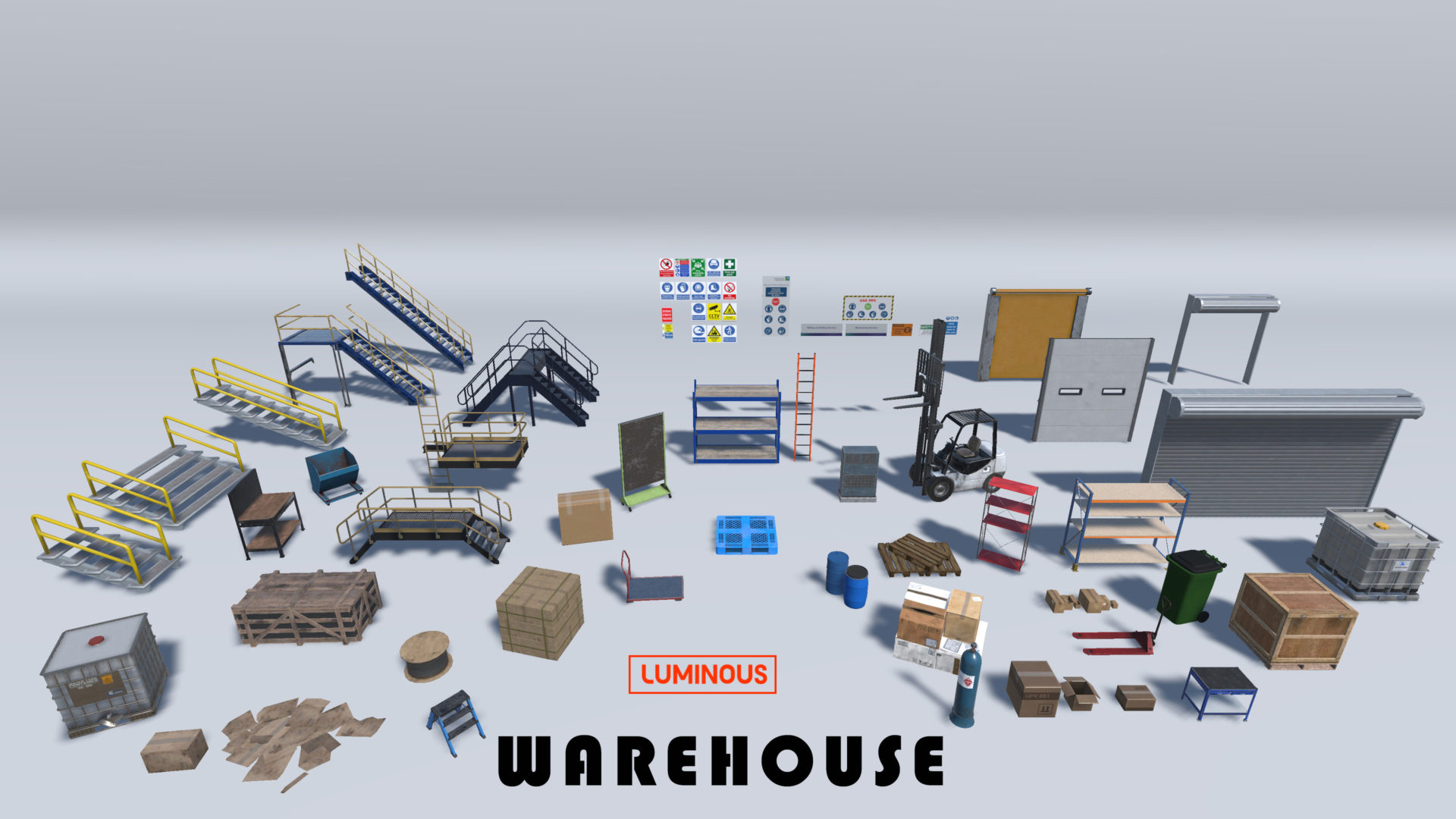 luminous virtual reality 3d assets for a warehouse environment