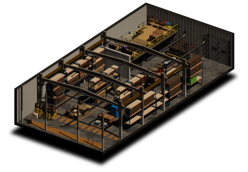 virtual reality diorama of a warehouse environment with shelves a loading bay and carboard boxes