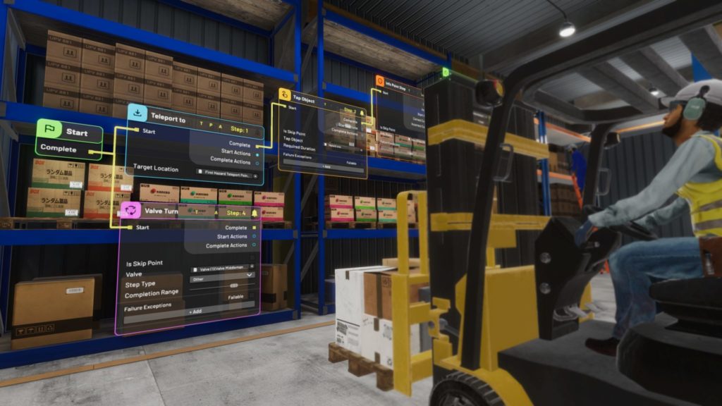 VR male character operating a forklift in a warehouse environment