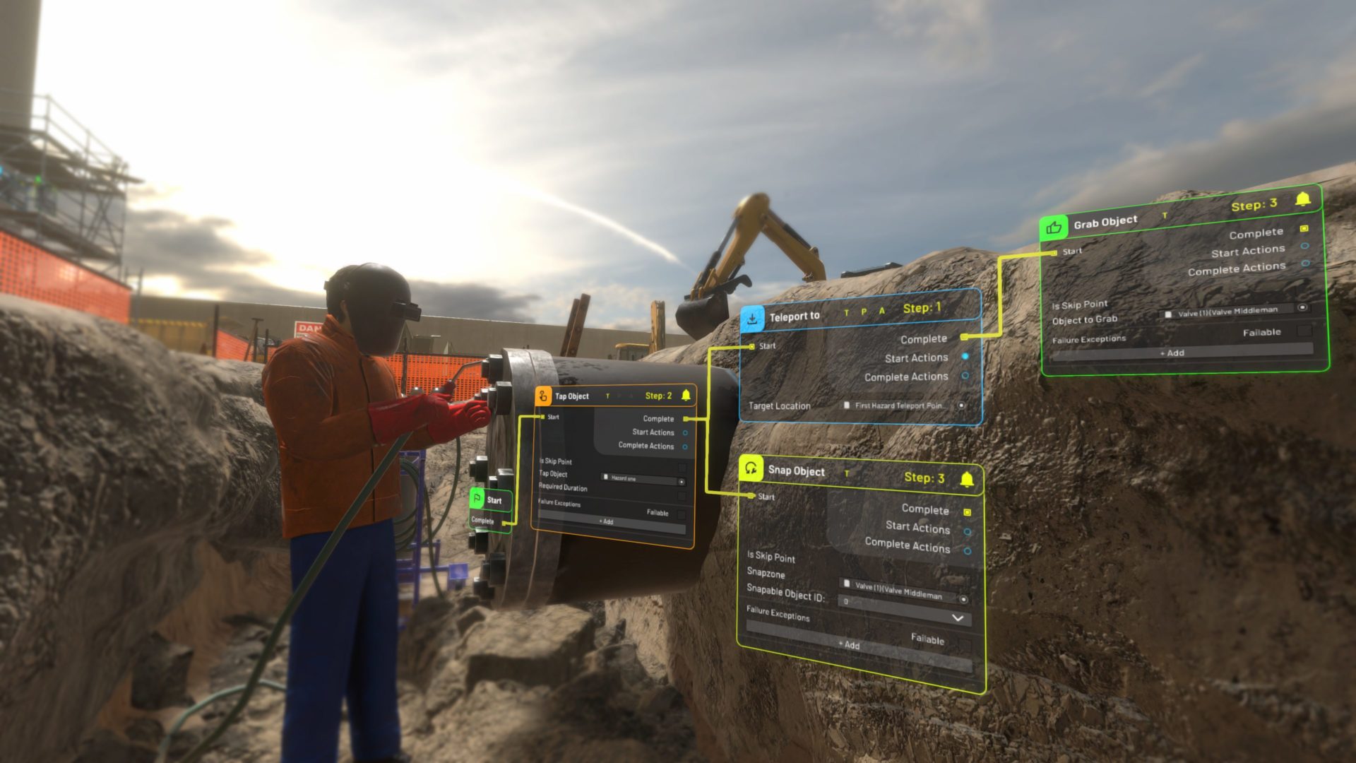 VR character engaging in construction hazard recognition training in a virtual environment