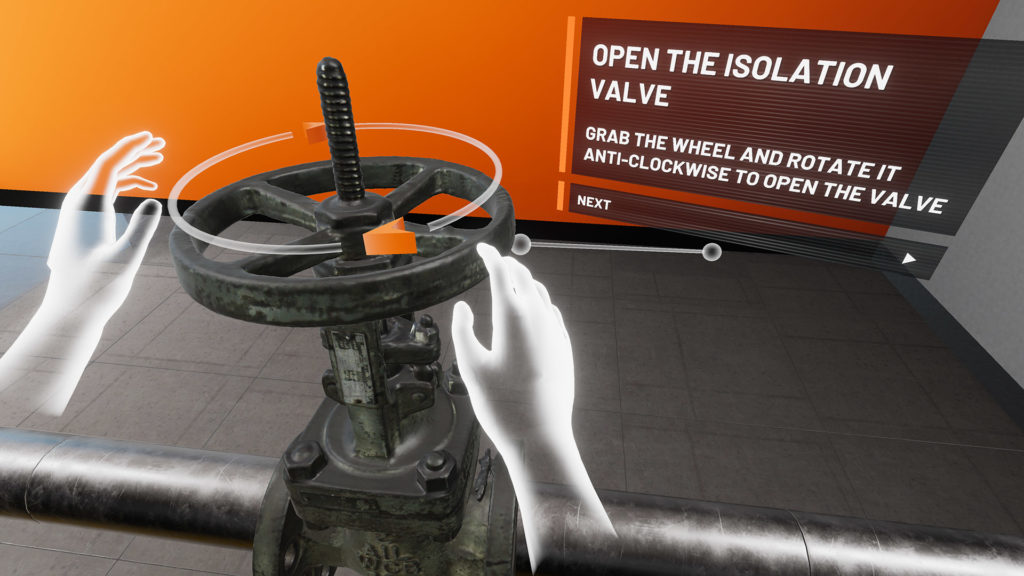 user perspective of disassembling a gate valve in mixed reality opening the isolation valve with instructions