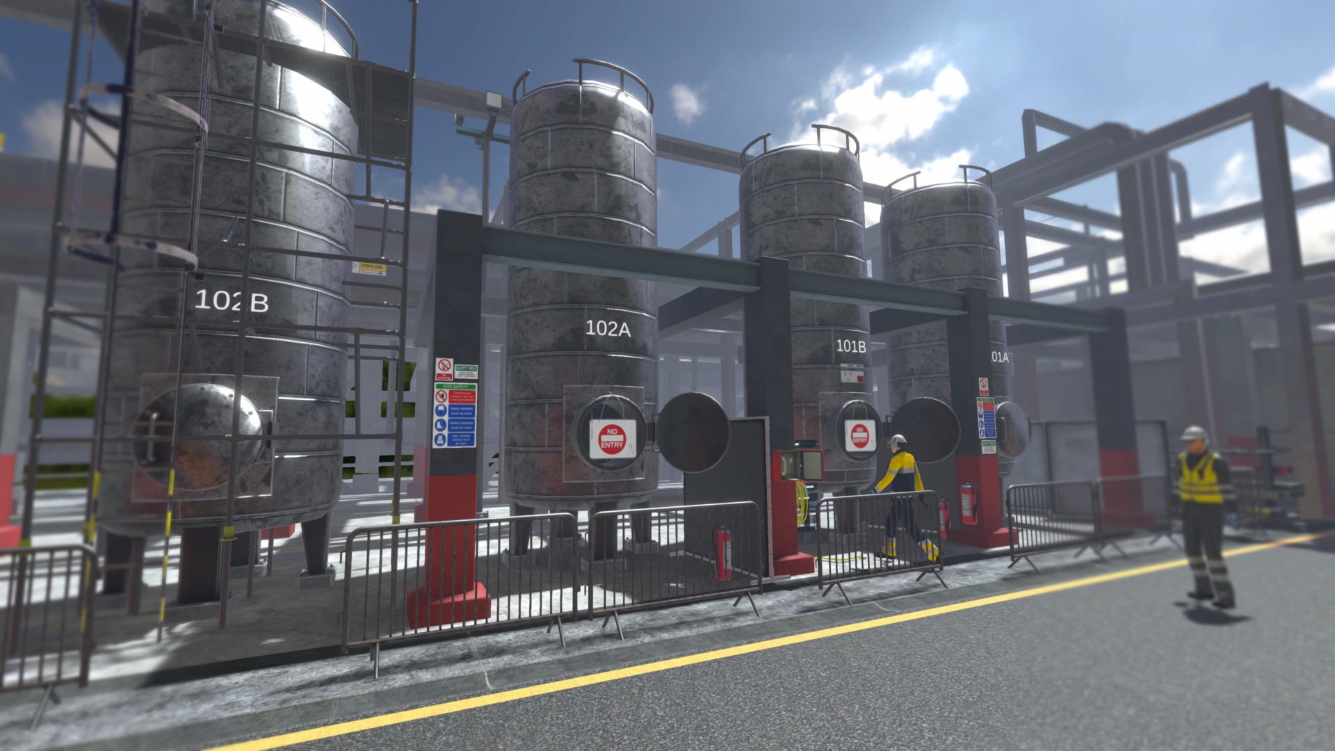 virtual reality confined spaces safety module environment showcasing an oil and gas plant with two virtual reality characters