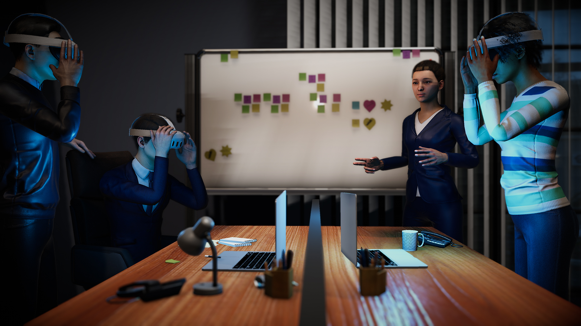 four virtual reality characters hosting an envisioning workshop with a virtual whiteboard and sticky notes