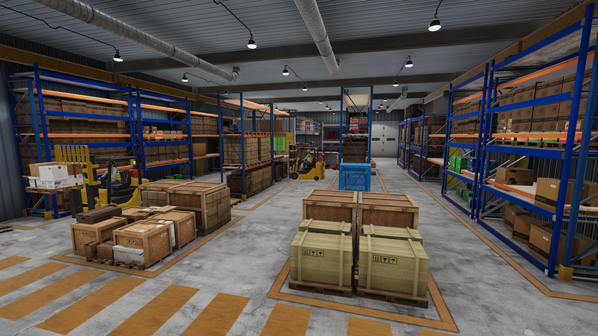 virtual reality warehouse environment with palettes shelves and carboard boxes