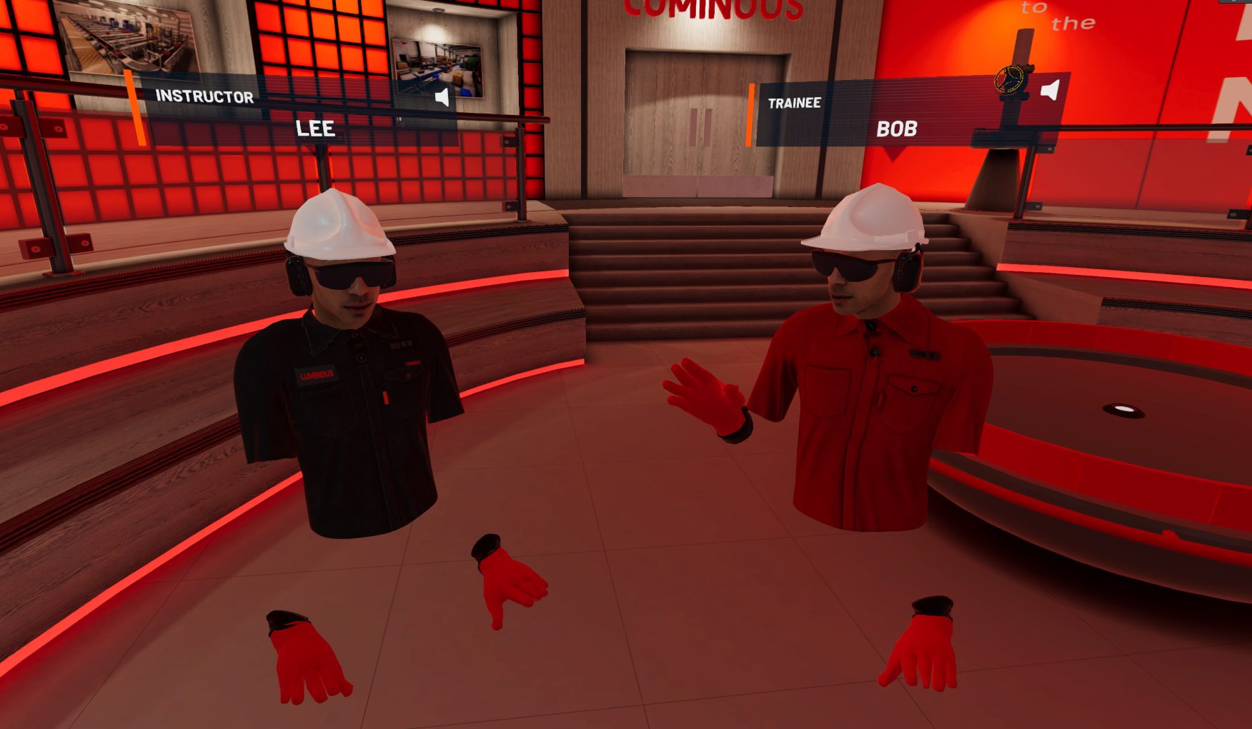 virtual reality trainer and trainee in the luminous lobby