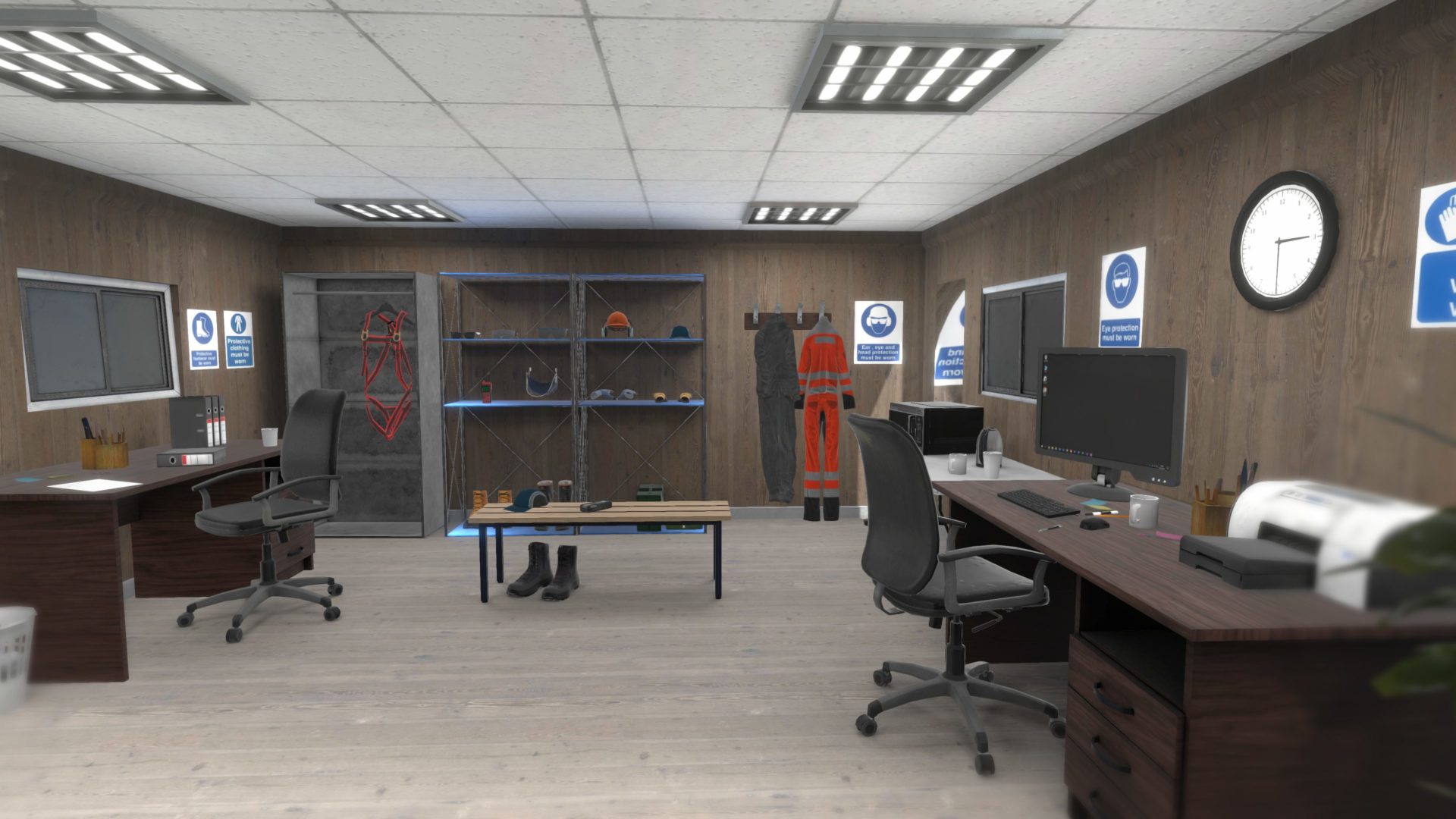 virtual environment of an office with two desks and PPE clothing and equipment